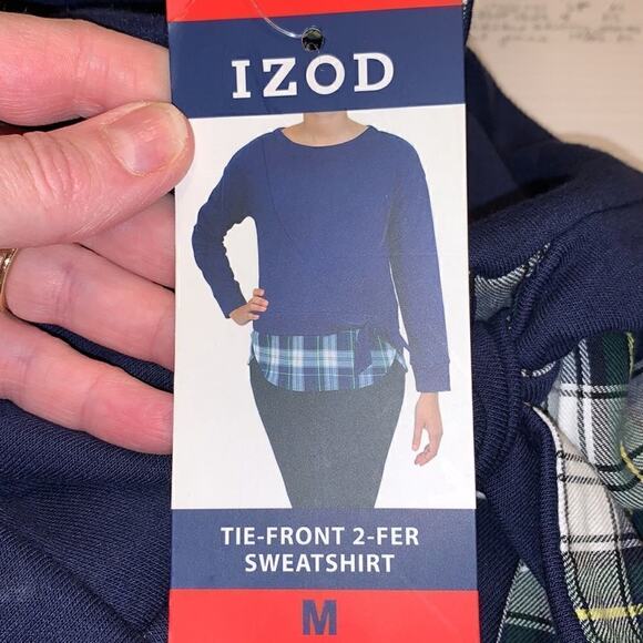 IZOD navy & plaid tie-front layer look sweatshirt Medium NWT - Picture 4 of 6